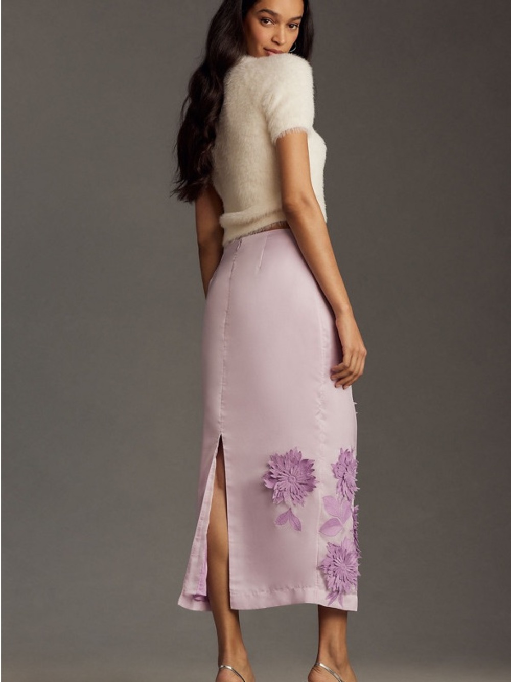 Maeve Lilac Floral Appliqué Midi Skirt - Picture 3 of 4